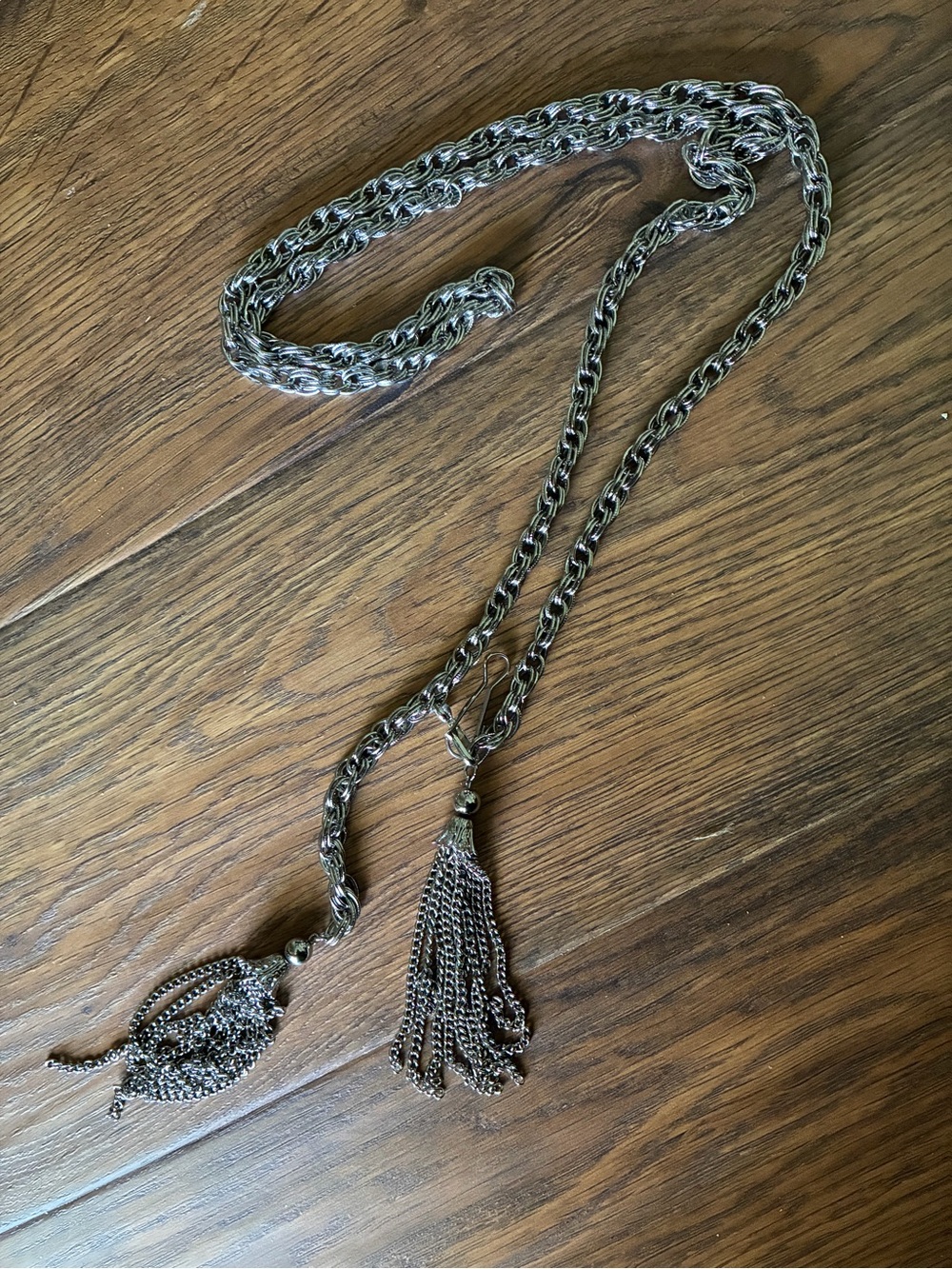 Polished Silver-Tone Rope Necklace and/or belt w/Dual Tassel Pendants, rope 41”